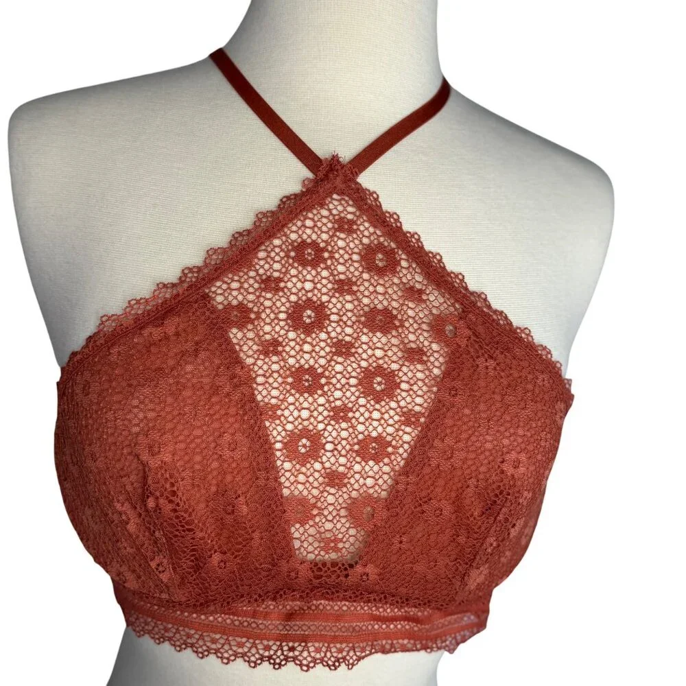 NWT Victorias Secret SzM Lace Bralette Rust Red Floral Lace Halter Neck Coquette